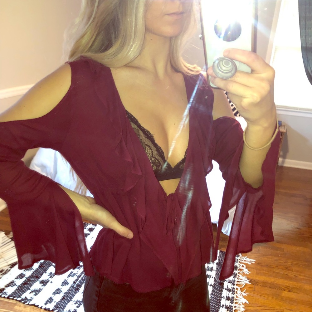 Burgundy v cut blouse with cold shoulder